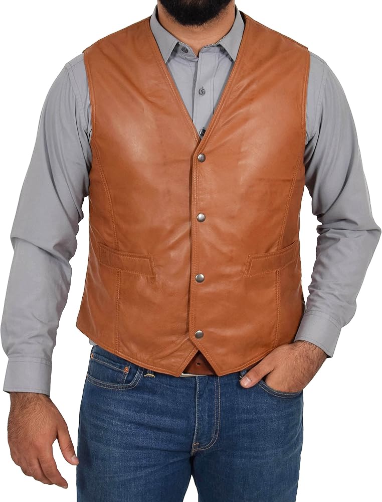 Mens Soft Tan Leather Waistcoat Classic Traditional Style Gilet Casual Vest Bruno