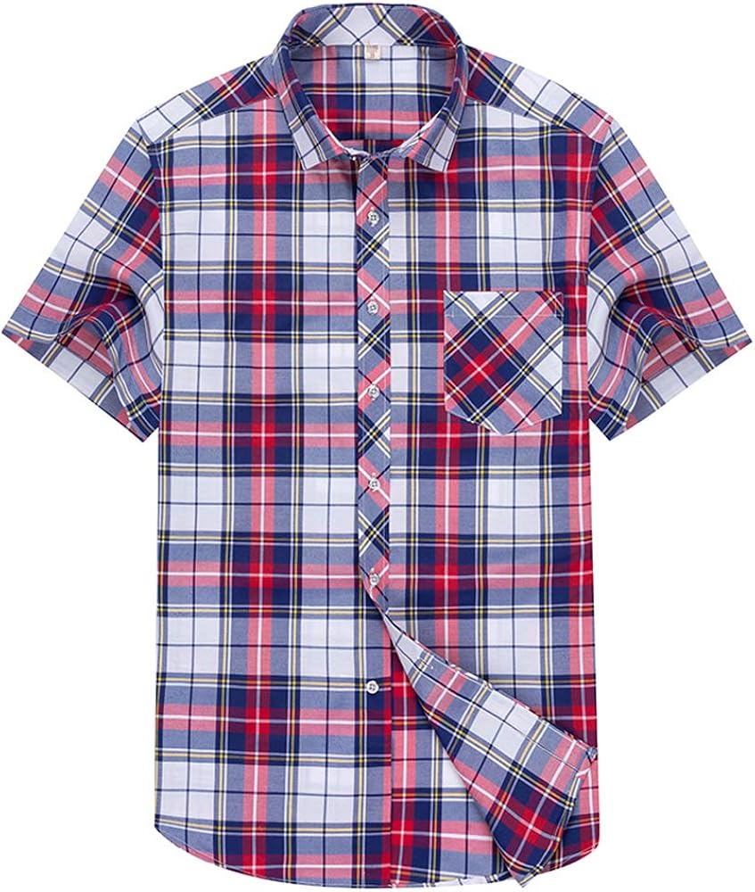 Men's Short Sleeve Pocket Plaid Shirts Button Down Thin Leisure Shirts Cotton Plaid Shirts for Men