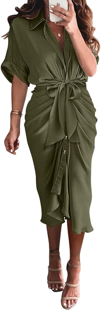 BTFBM Women 2024 Button Down Ruched Shirt Dresses Short Sleeve Lapel V Neck Elegant Party Spring Summer Maxi Satin Dress