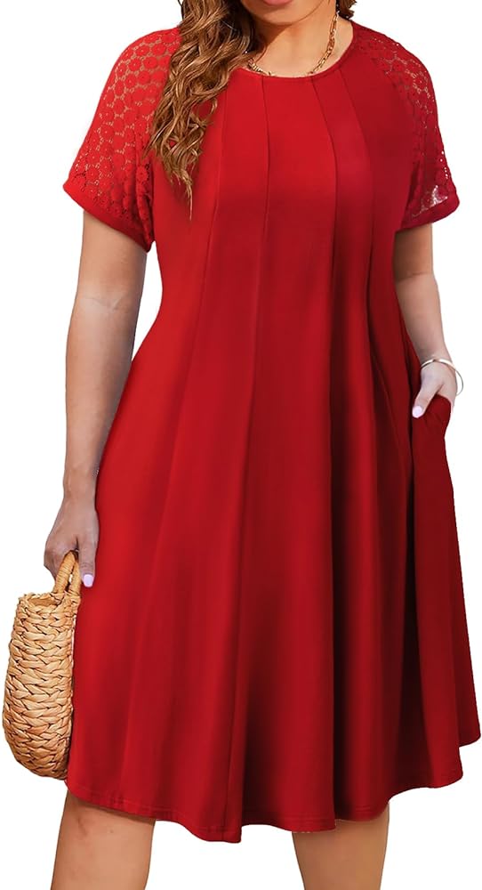 Eytino Womens Plus Size Dress Lace Short Sleeve Crewneck Casual Pleated Swing Midi Dresses with Pockets(1X-5X)