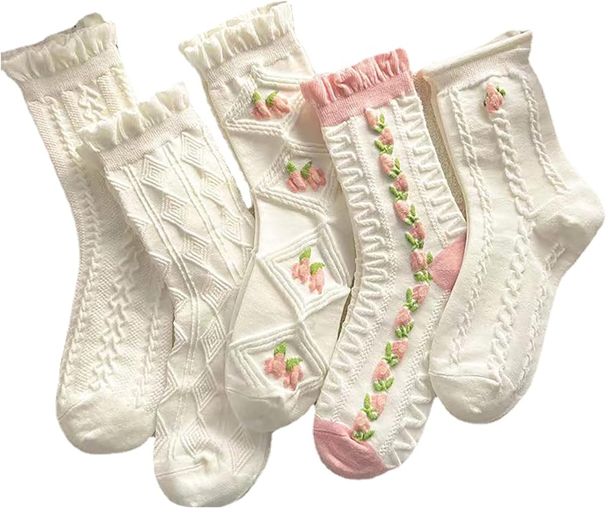 Women's Floral Design Vintage Crew Socks Ethnic Jacquard Knit Set