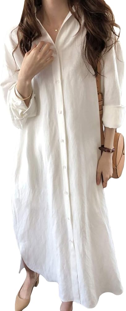 GGUHHU Womens Chic Button Down Rolled-Up Sleeve Long Cotton Blouse Maxi Dress