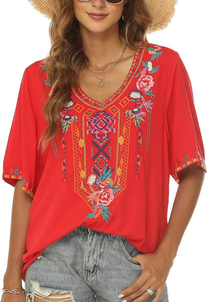 Mexican Embroidered Tops for Women Summer Short Sleeve Boho Shirts Peasant Blouses, Loose Fitting Bohemian Top Hippie Clothes