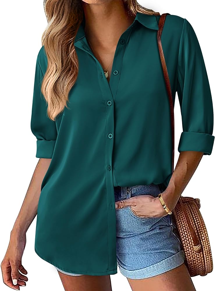 BTFBM Women's Satin Button Down Shirts Roll Up Long Sleeve Lapel V Neck Loose Casual Work Summer Spring Blouse Tops 2024