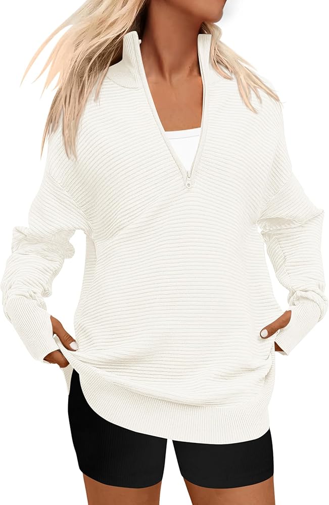 PRETTYGARDEN Womens Long Sleeve Quarter Zip Pullover Sweater Casual Loose V Neck Collared Ribbed Knit Jumper Tops Thumb Hole