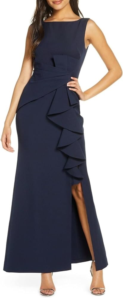 Betsy & Adam Women's Long Sleeveless Boat Neck Ruffle Side Slit Scuba Crepe Gown