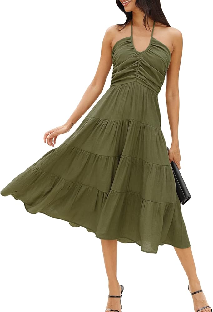 DEEP SELF Women's Summer Halter Smocked Midi Dress Sleevelesss V Neck Ruffle Tiered Swing Flowy A Line Beach Sundress