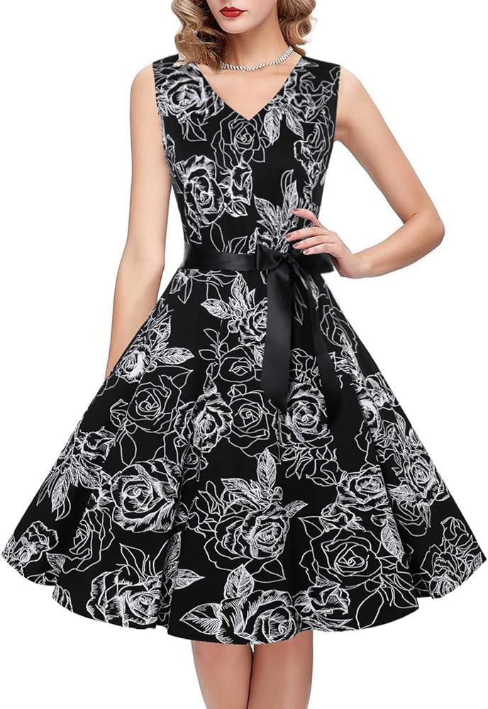 IHOT Vintage Tea Dress 1950's Floral Flare Casual Garden Retro Swing Party Cocktail Dress for Women