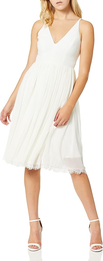 Dress the Population Women's Alicia Plunging Mix Media Sleeveless Fit and Flare Midi Dress