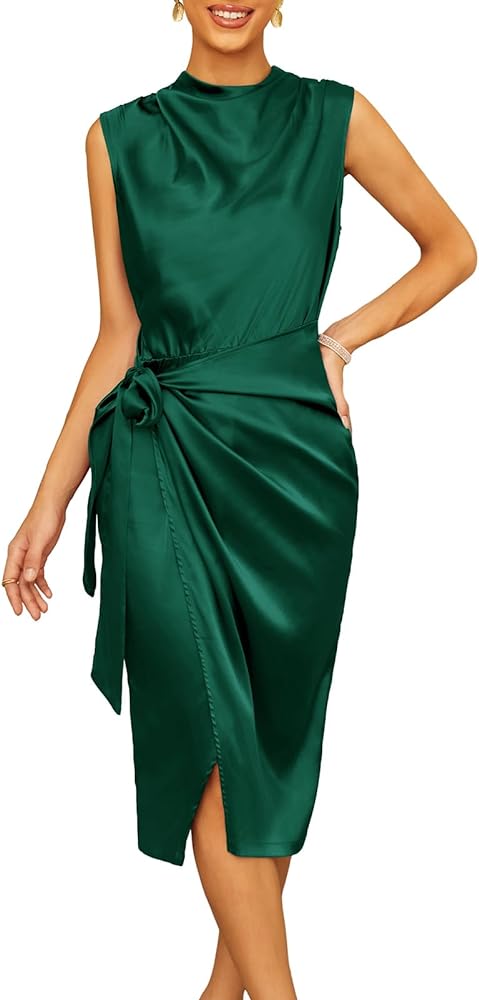 GRACE KARIN Women's 2024 Satin Sleeveless Mock Neck Keyhole Bodycon Dresses Cowl Neck Tie Waist Faux Wrap Midi Cocktail Dress