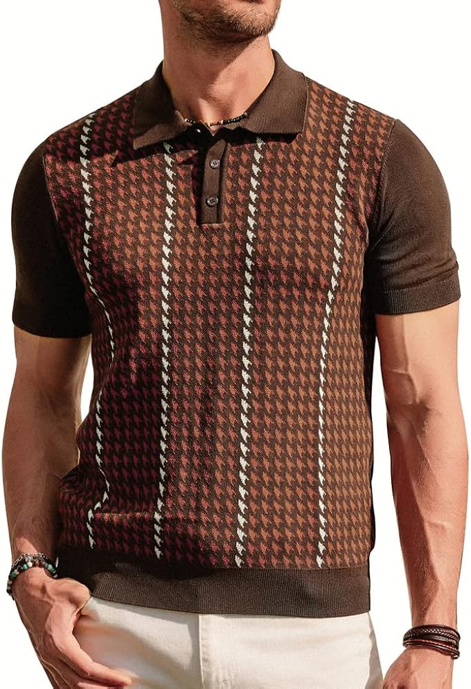 PJ PAUL JONES Men's Vintage Polo Shirts Lightweight Retro 70s Knit Houndstooth Golf Shirts