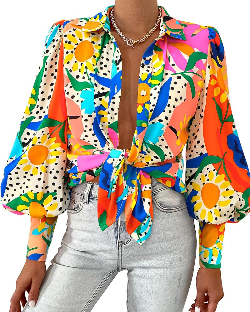 BTFBM Women Fashion Button Down Shirts Lapel V Neck Printed Boho Long Sleeve Blouses Dressy Casual Summer Spring Tops