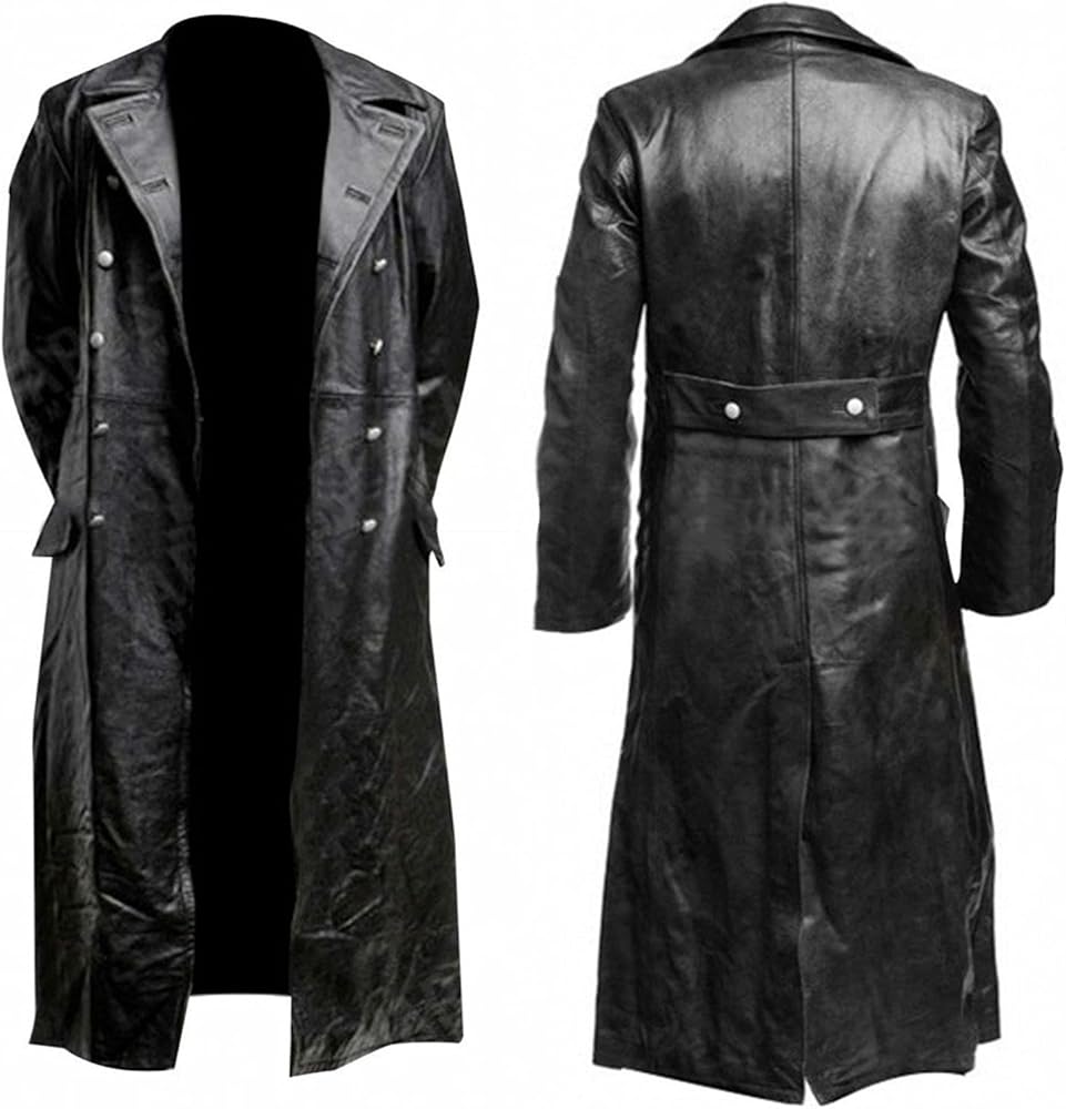 Mens Vintage Classic WW2 Officer Military Uniform Black Leather Trench Coat Jacket Long Trench Coat Motorcycle Jakcet