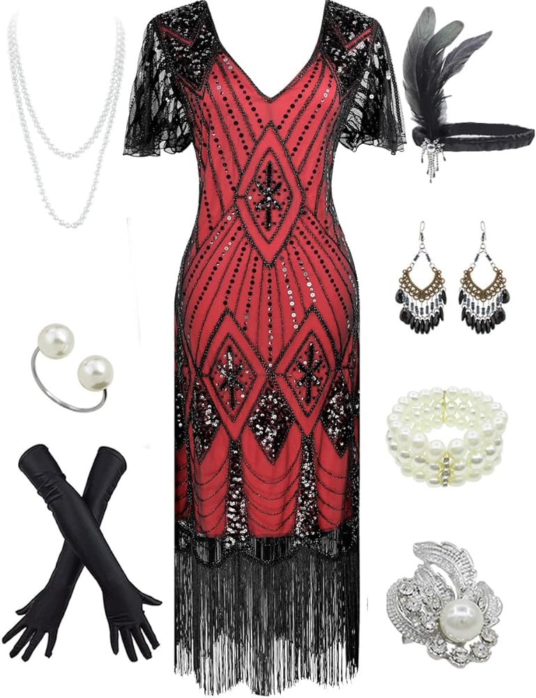 Women's 1920s Gatsby Inspired Sequin Beads Long Fringe Flapper Dress w/Accessories Set