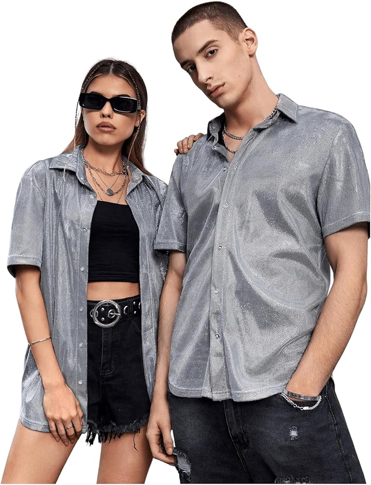 WDIRARA Men's Silk Satin Metallic Button Down Short Sleeve Collared Shirts Rave Disco Club Tops