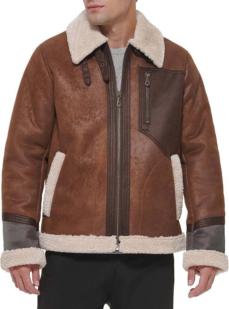 DKNY Men's Shearling Bomber Jacket with Faux Fur Collar