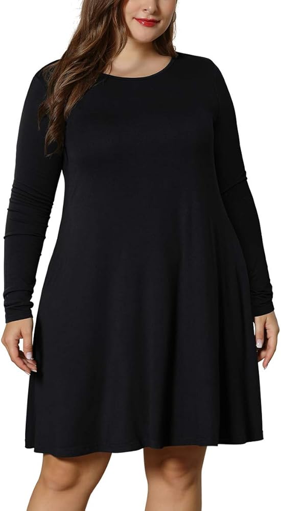 LONGYUAN Women's Winter XL-6XL Plus Size Dresses Casual Long Sleeve Dress with Pockets