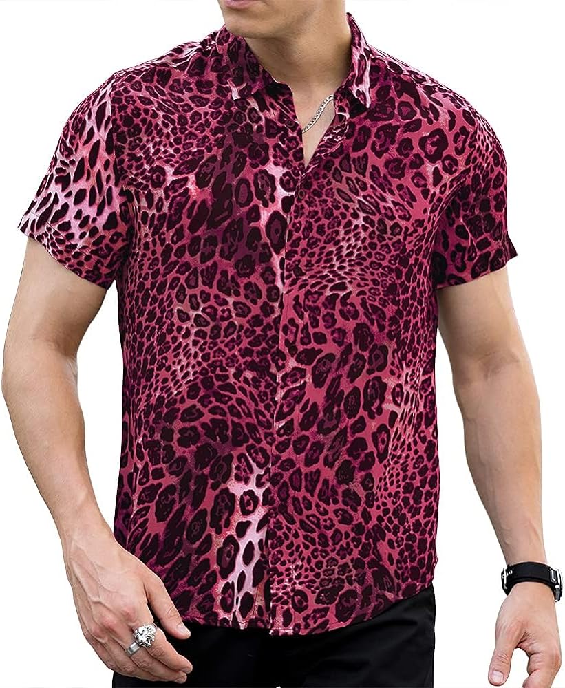 Mens Fashion Shirts Leopard Snakeskin Print Button Down Summer Short Sleeve Casual Shirt