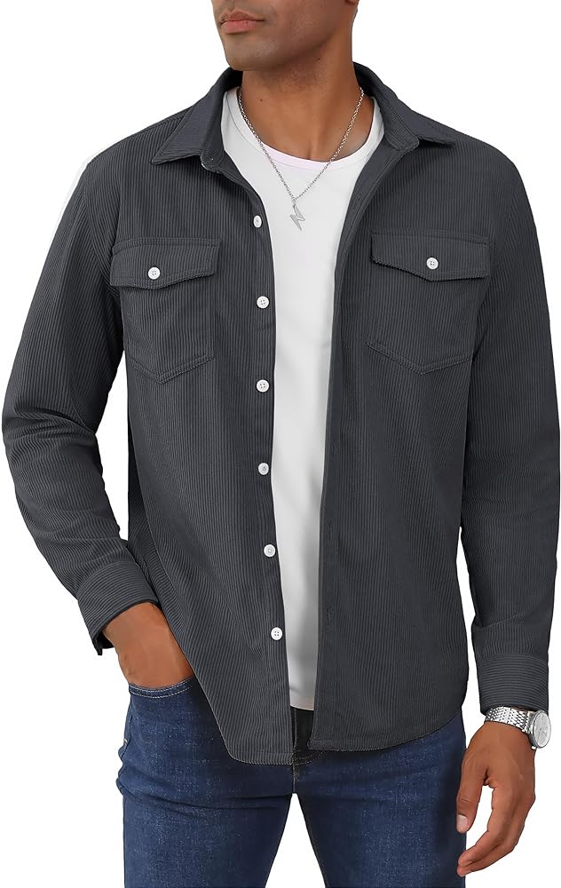 TACVASEN Men's Corduroy Shirt Casual Shacket Long Sleeve Button UP Lightweight Jacket