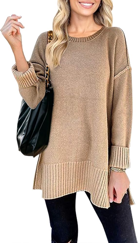 MEROKEETY Women's 2024 Fall Casual Crew Neck Side Split Pullover Sweater Loose Long Sleeve Jumper Top