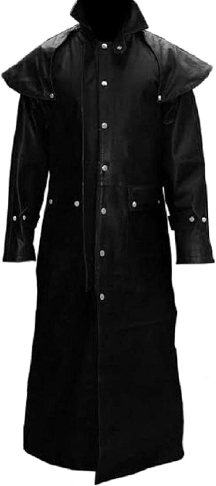 Mens Real Black Leather Long Coat Duster Riding Hunting Steampunk Trench Matrix Coats - (T7-BLK)