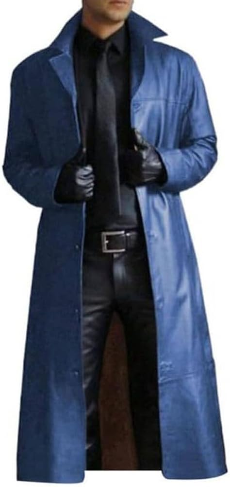 Mens Leather Trench Coat Full Length Black Classic Faux Leather Long Coat