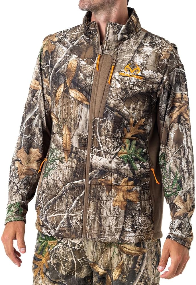 Realtree Men's EDGE/Timber Camo and Blaze Orange Hunting Reversible Puffer Vest Jacket, Water Repellent (M-5XL)