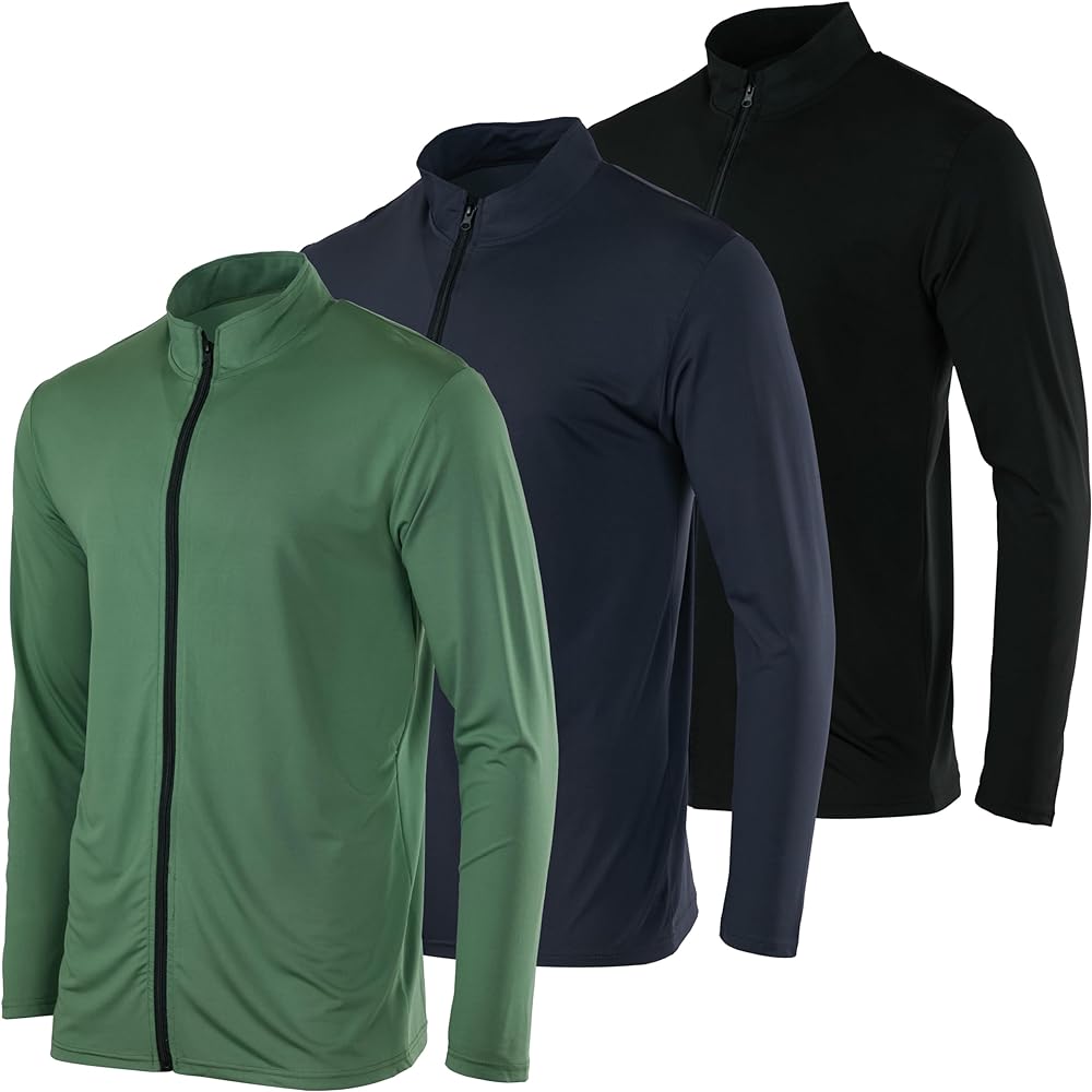 Real Essentials 3 Pack: Mens Dry-Fit Long Sleeve Full Zip Hoodie & Jacket- Athletic Running Jacket (Available in Big & Tall)