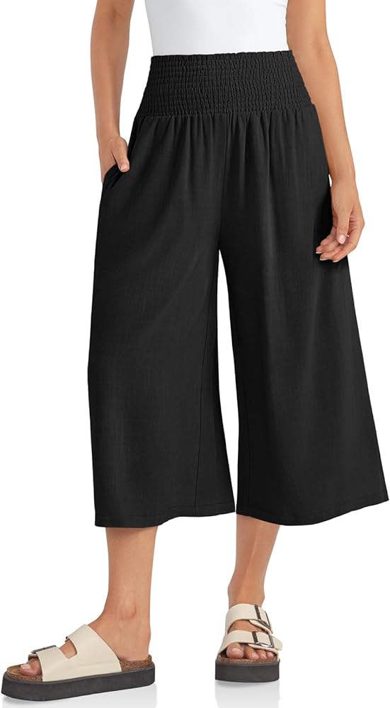 TARSE Womens Linen Palazzo Pants Boho High Waisted Wide Leg Casual Lounge Pant Trousers with Pockets- 19"/28" Inseam