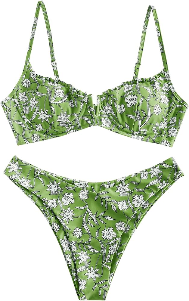 ZAFUL Women's Underwire Bikini Floral High Cut Bikini Set V-Wired Two Piece Swimsuit Bathing Suit