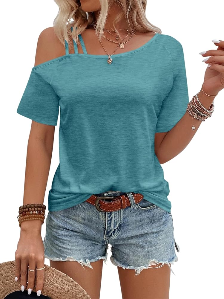 PGANDS Women's Short Sleeve Cold Shoulder Tops Summer Loose Casual Shirt