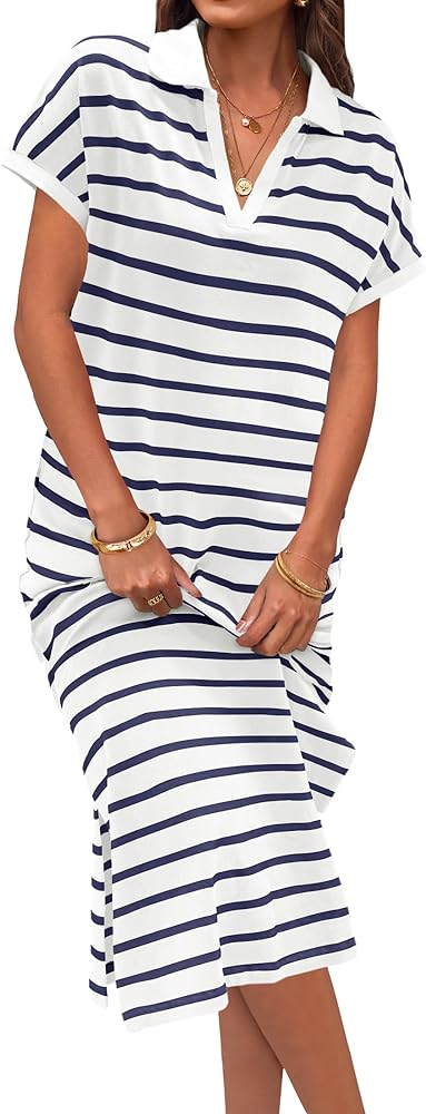 MEROKEETY Women's Summer Striped Short Sleeve Dress V Neck Collared Side Slit Casual Beach Maxi Dresses