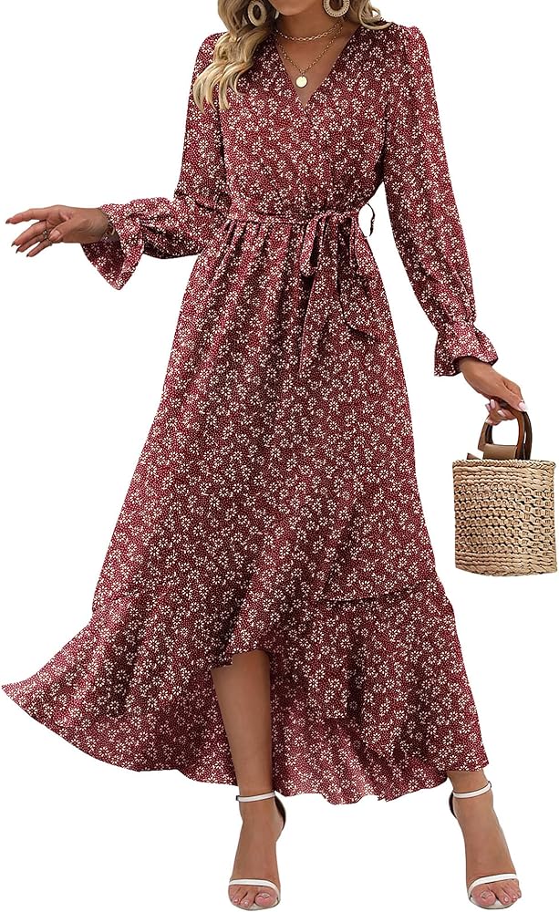 BTFBM Women Long Sleeve Wrap Maxi Dress V Neck Boho Floral High Waist Flowy Ruffle 2024 Spring Summer Dresses with Belt