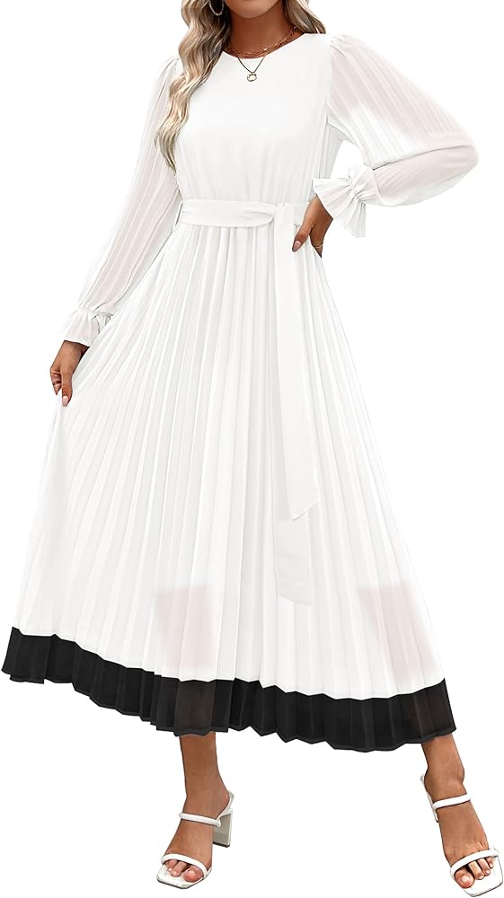 ZESICA Women's 2024 Fall Long Sleeve Chiffon Dress Casual Crew Neck Pleated A Line Flowy Midi Dresses with Belt