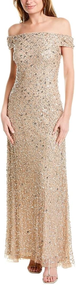 Adrianna Papell Women's Off The Shoulder Sequin Beaded Gown