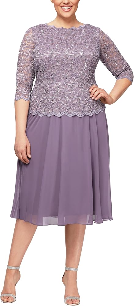 Alex Evenings Women's Plus Size Tea Length Lace Mock Dress