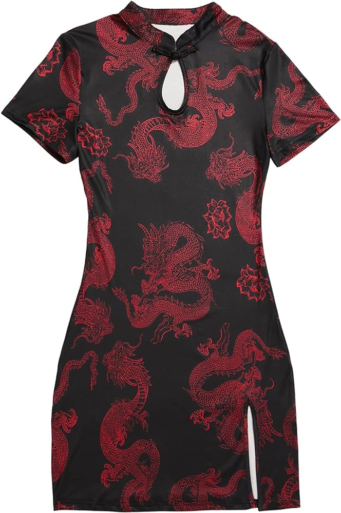 SOLY HUX Women's Chinese Cheongsam Dragon Print Qipao Mini Bodycon Dress