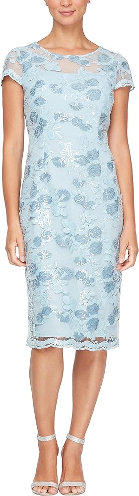 Alex Evenings Women's Short Knee Length Floral Embroidered Cocktail Sheath Dress