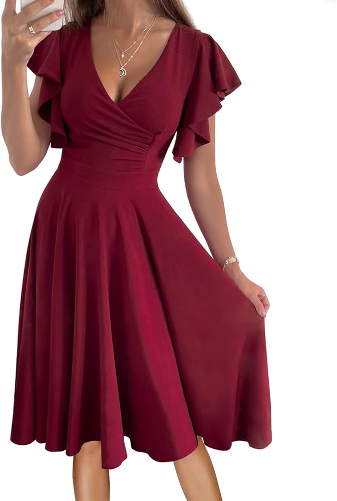 Women's Cocktail Dress Wrap V Neck Ruffle Short Sleeve A Line Work Formal Wedding Guest Midi Dress with Pockets