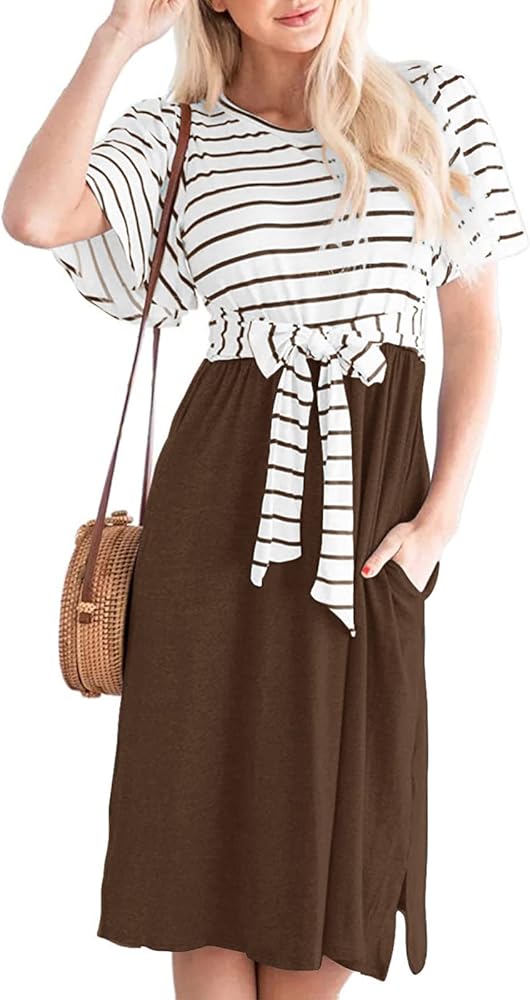 MEROKEETY Women's 2024 Summer Striped Ruffle Sleeves Tie Waist Pockets Casual Swing Midi Dress