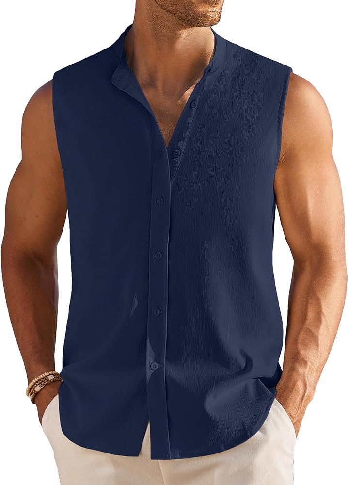 COOFANDY Men's Summer Beach Tank Tops Sleeveless Button Up Shirt Casual Textured Tank Shirts