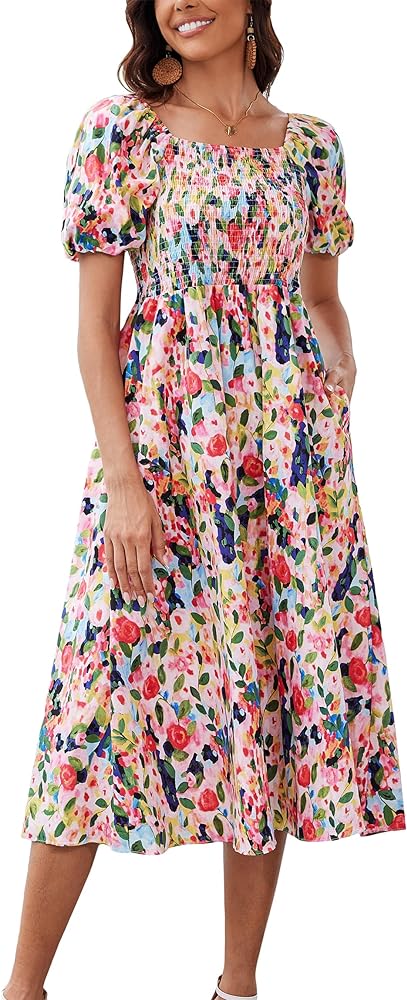 Women's Square Neck Floral Long Dress Puff Short Sleeve High Waist Smocked Midi Dress