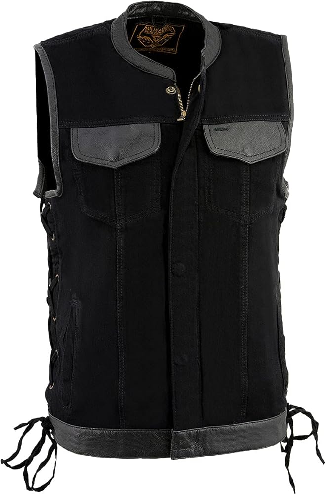 Milwaukee Leather MDM3011 Men's Black 'Hidden Zipper' Side Lace Motorcycle Rider Denim Vest w/Leather Trim