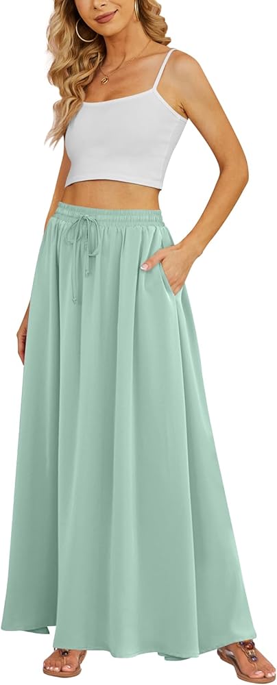 Yincro Women's Flowy Maxi Skirt Summer Pleated High Waisted Casual Long Skirts with Pockets