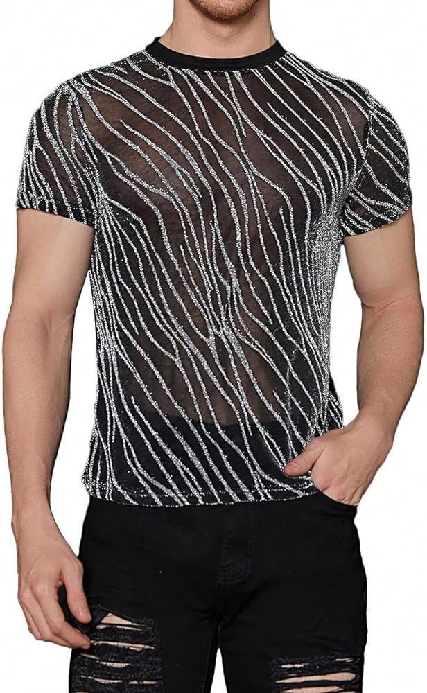 WDIRARA Men's Floral Print See Through Round Neck Short Sleeve Mesh Tshirt Party Top