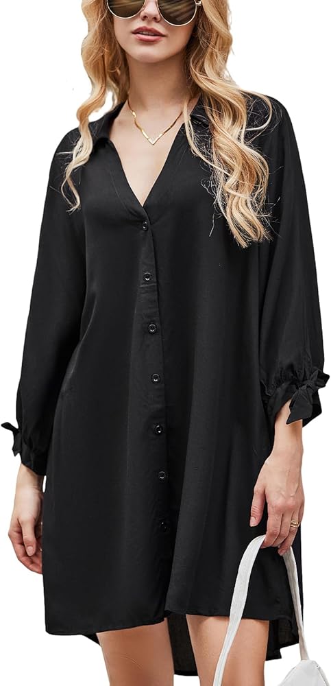 CUPSHE Women Shirt Mini Beach Cover Up Dress 3/4 Sleeve Cuff Tie Button Down Summer Dresses Cover Ups Vacation