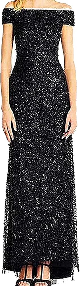 Adrianna Papell Women's Off The Shoulder Sequin Beaded Gown