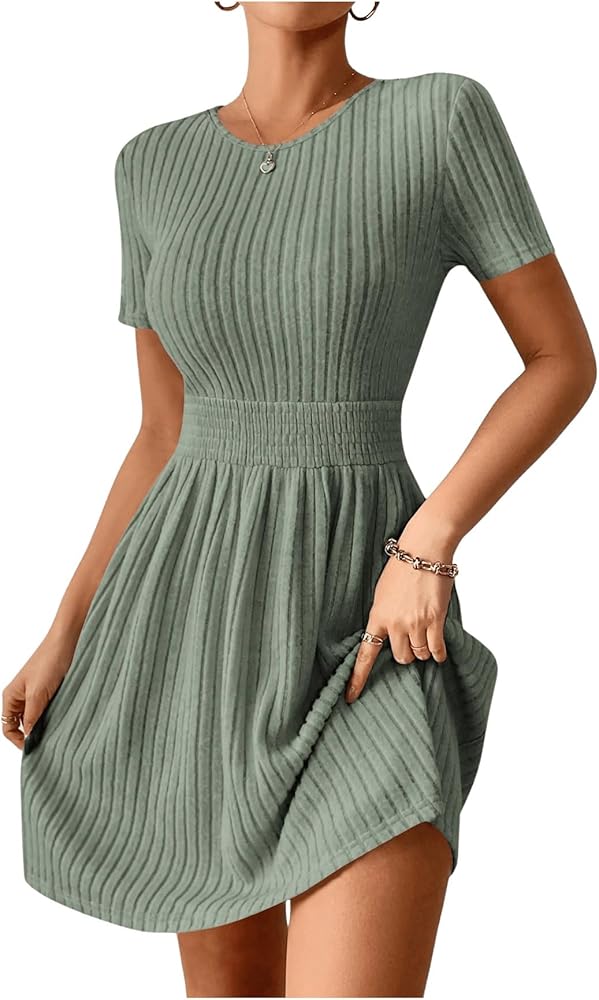 MakeMeChic Women's Ribbed Knit High Waist A Line Dress Short Sleeve Round Neck Flare Dress