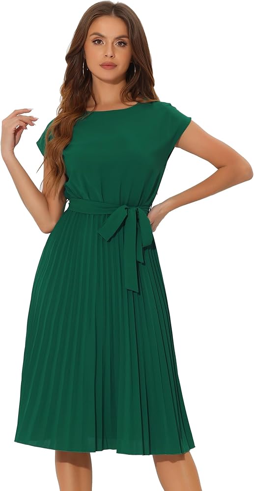 Allegra K Women's Pleated Dress Crew Neck Cap Sleeve Tie Waist A-Line Dresses