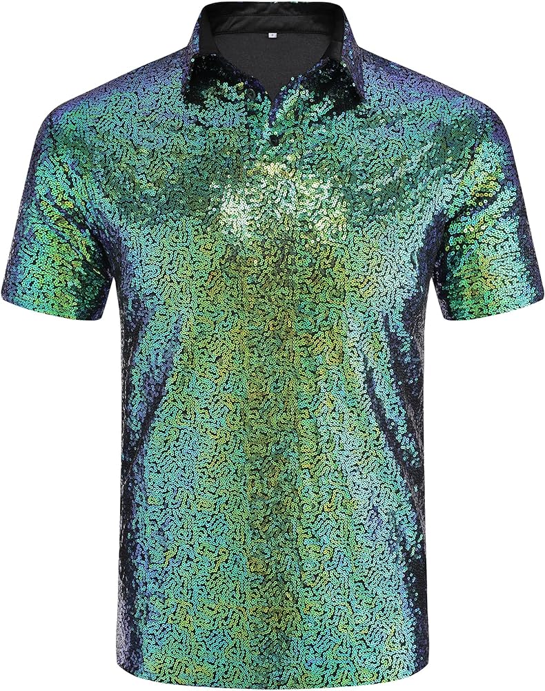 URRU Men's Relaxed Short Sleeve Turndown Sparkle Sequins Polo Shirts 70s Disco Nightclub Party Shirt Top